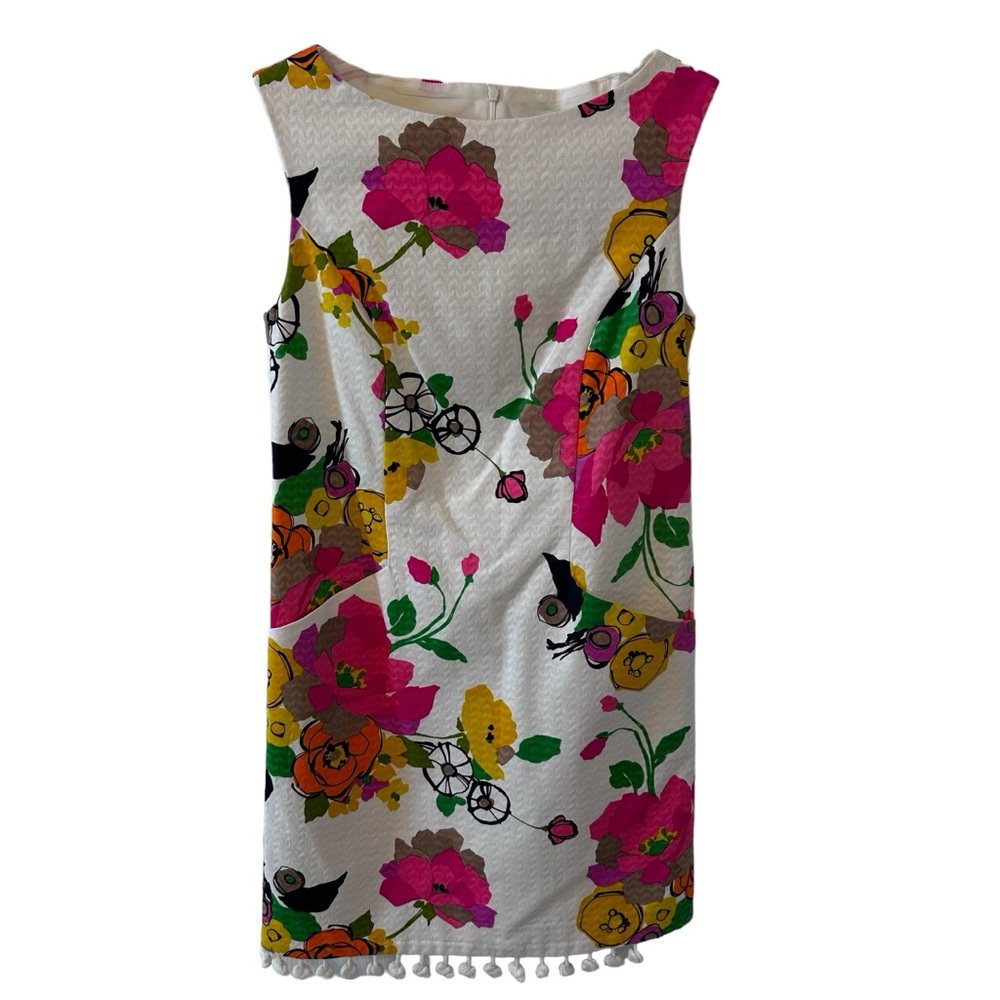 Trina Turk Size 2 Floral White Multi Sheath Pom Pom Shift Summer Chic Dress